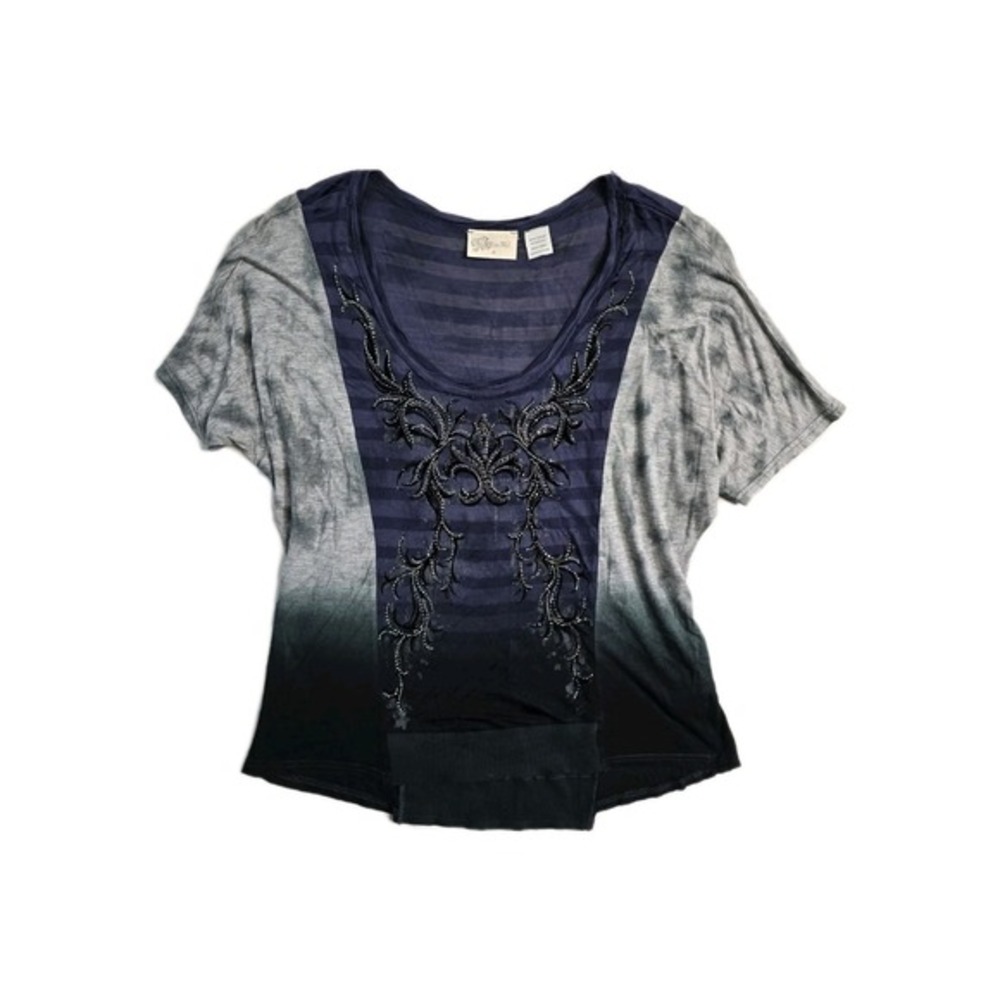 Vintage Miss Me Women's Blue‎ Gray Medium V-Neck Rhinestone Embellished Top